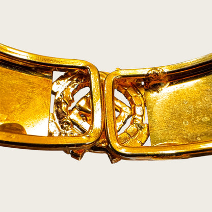 Vintage Gold-Tone Etched Crystal Medallion Hinged Cuff Bracelet