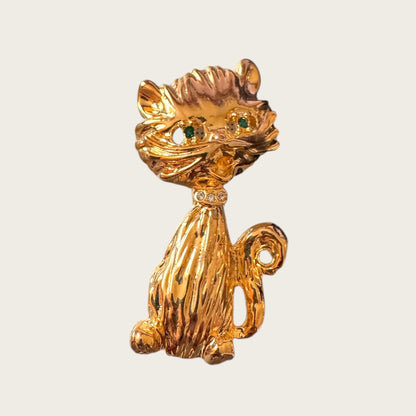 Vintage Scruffy Cat Brooch – Gold Tone with Emerald Eyes & Crystal Collar