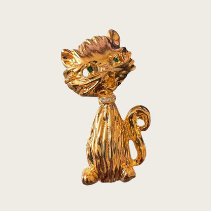 Vintage Scruffy Cat Brooch – Gold Tone with Emerald Eyes & Crystal Collar