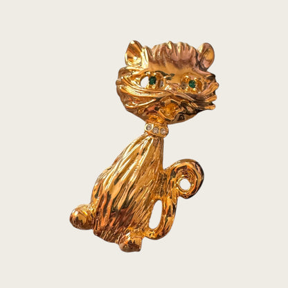 Vintage Scruffy Cat Brooch – Gold Tone with Emerald Eyes & Crystal Collar
