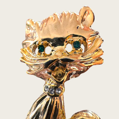 Vintage Scruffy Cat Brooch – Gold Tone with Emerald Eyes & Crystal Collar