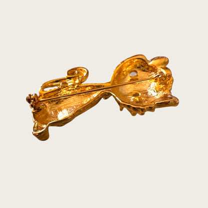 Vintage Scruffy Cat Brooch – Gold Tone with Emerald Eyes & Crystal Collar