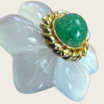 14K Gold Carved Chalcedony Floral Stud Earrings with Green Aventurine Cabochon Centers