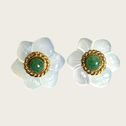 14K Gold Carved Chalcedony Floral Stud Earrings with Green Aventurine Cabochon Centers