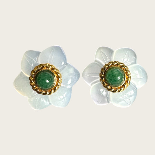 14K Gold Carved Chalcedony Floral Stud Earrings with Green Aventurine Cabochon Centers