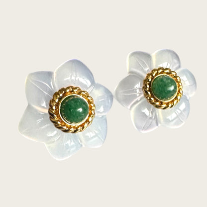 14K Gold Carved Chalcedony Floral Stud Earrings with Green Aventurine Cabochon Centers