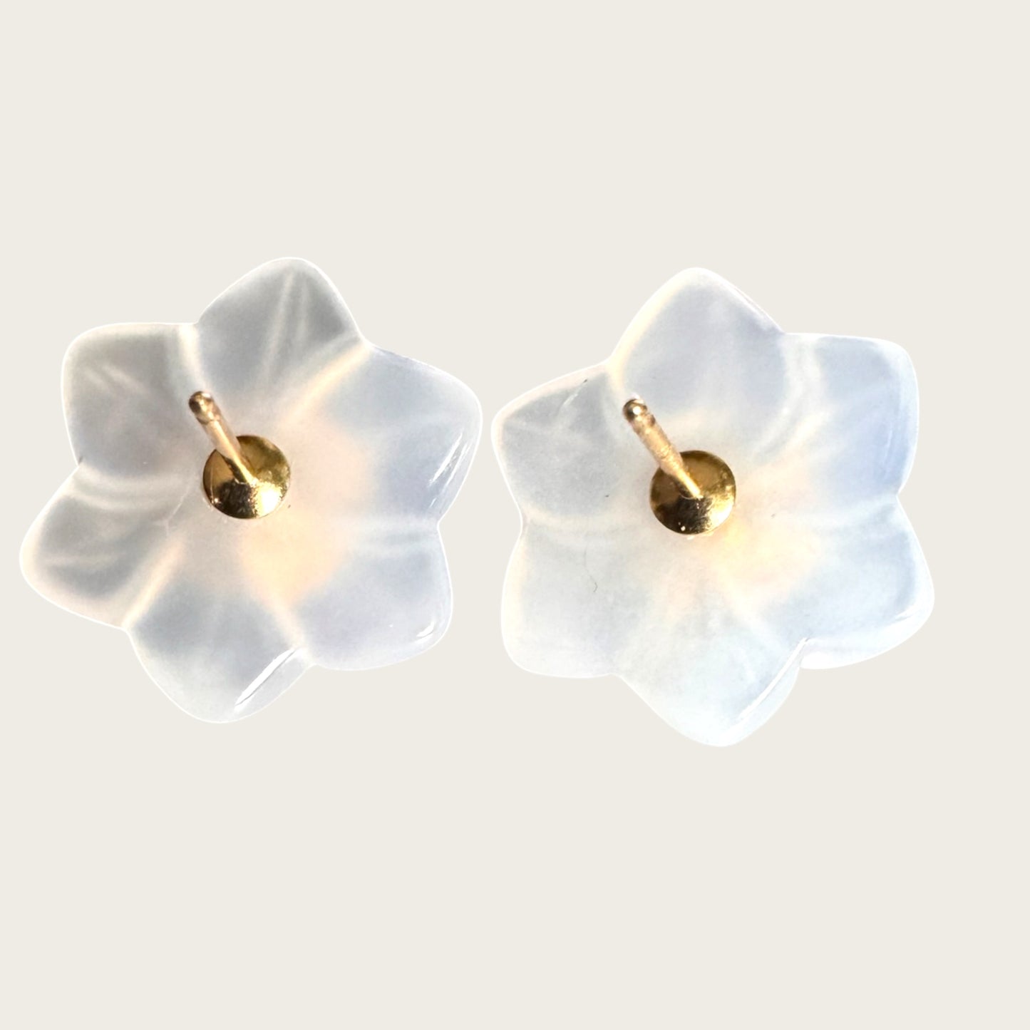 14K Gold Carved Chalcedony Floral Stud Earrings with Green Aventurine Cabochon Centers