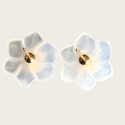 14K Gold Carved Chalcedony Floral Stud Earrings with Green Aventurine Cabochon Centers