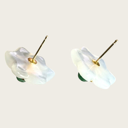 14K Gold Carved Chalcedony Floral Stud Earrings with Green Aventurine Cabochon Centers