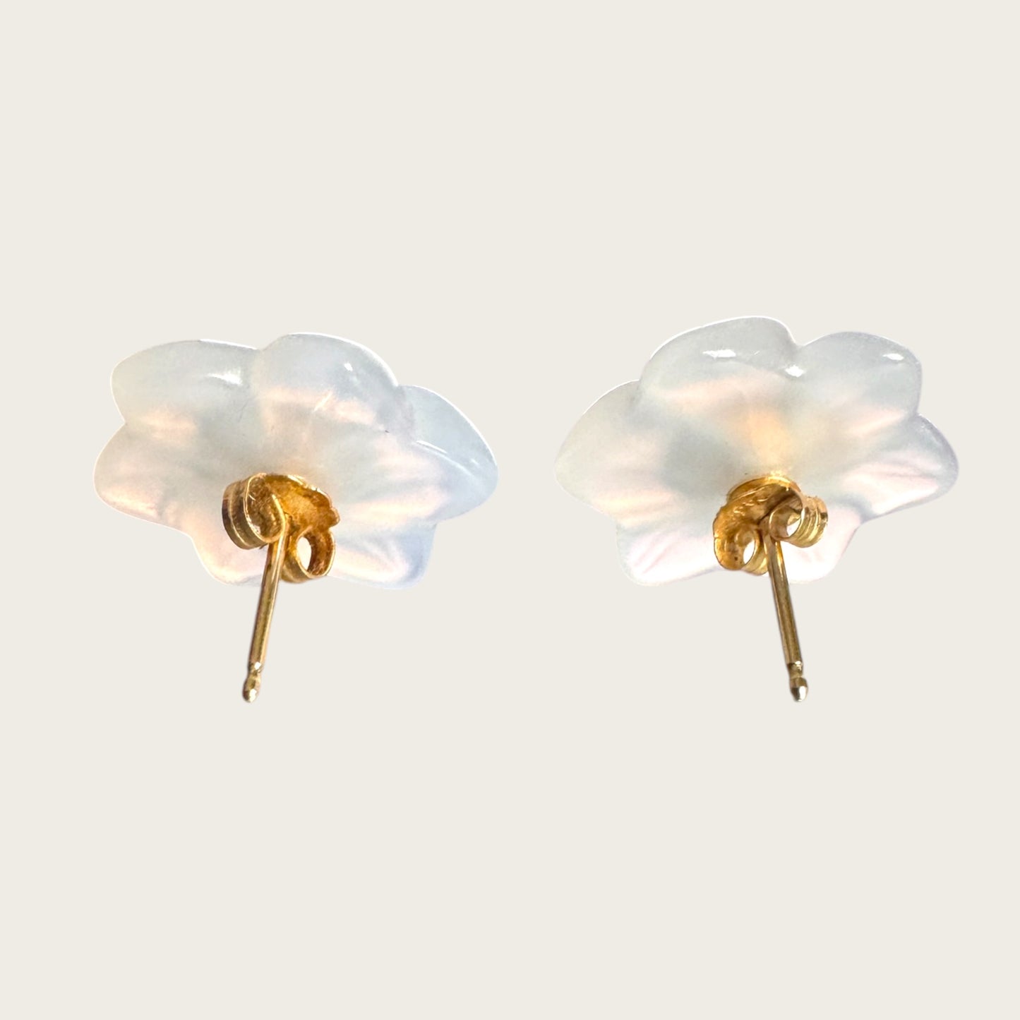 14K Gold Carved Chalcedony Floral Stud Earrings with Green Aventurine Cabochon Centers