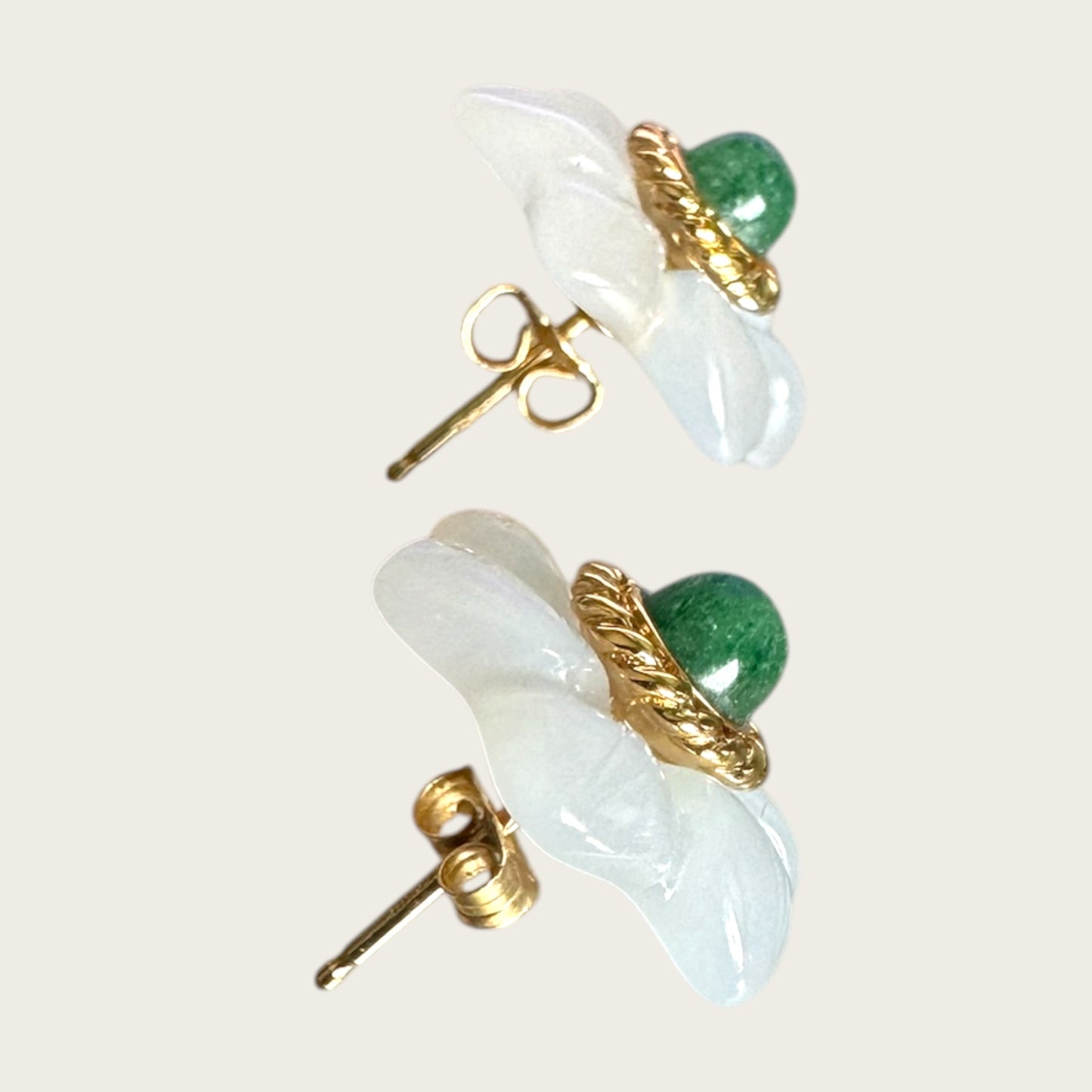 14K Gold Carved Chalcedony Floral Stud Earrings with Green Aventurine Cabochon Centers