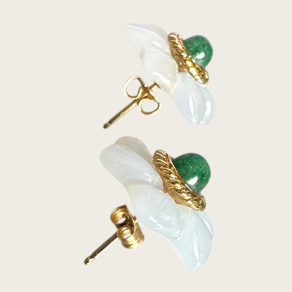 14K Gold Carved Chalcedony Floral Stud Earrings with Green Aventurine Cabochon Centers