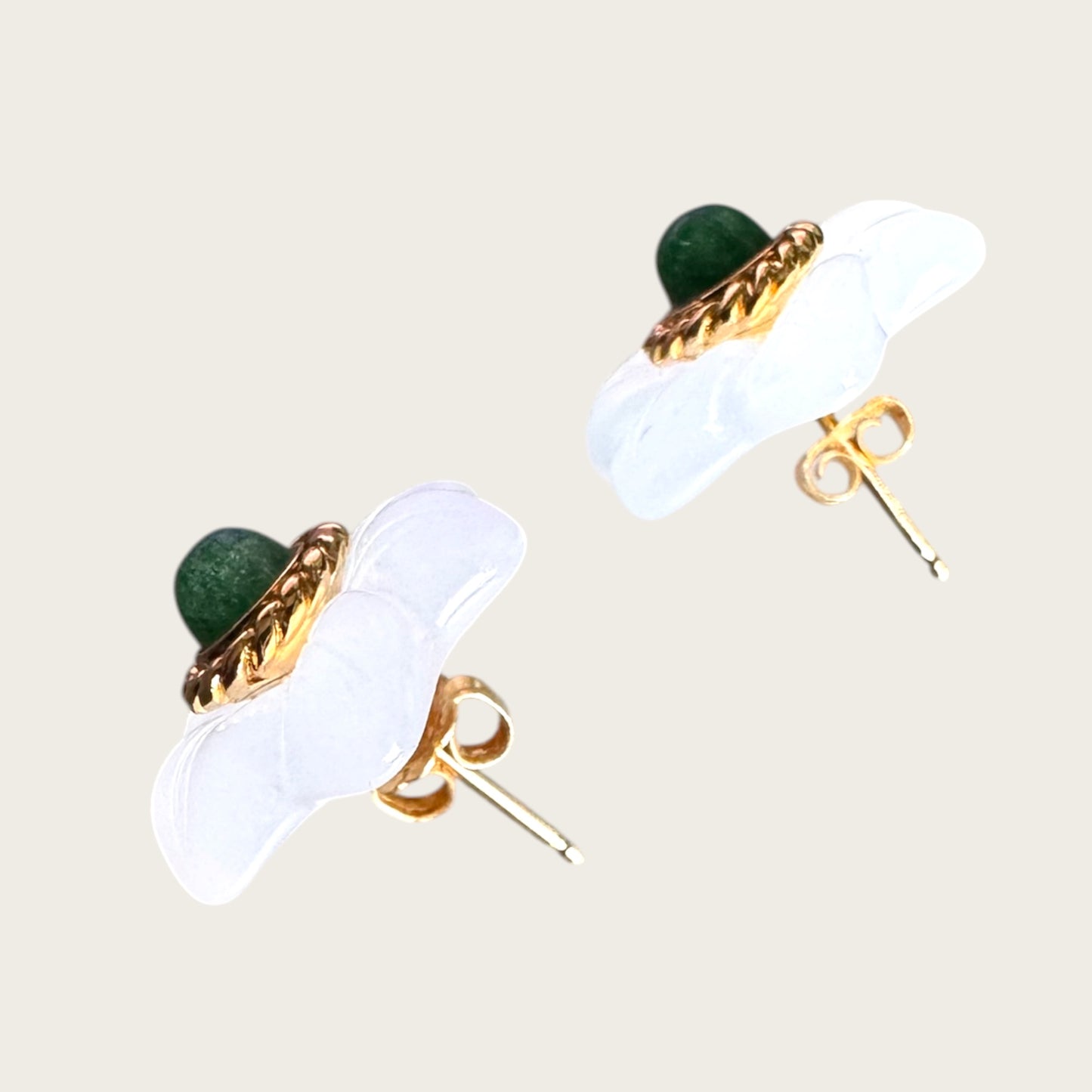 14K Gold Carved Chalcedony Floral Stud Earrings with Green Aventurine Cabochon Centers