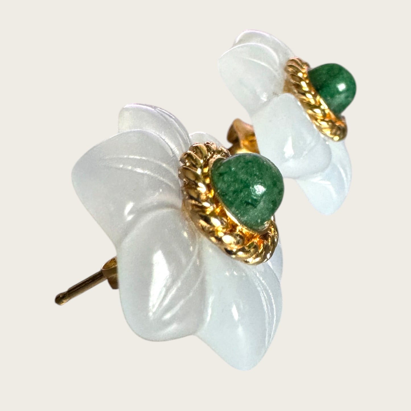 14K Gold Carved Chalcedony Floral Stud Earrings with Green Aventurine Cabochon Centers