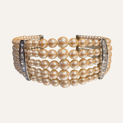 Vintage Monet Multi-Strand Faux Pearl Cuff Bracelet with Rhinestone Bars