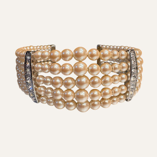 Vintage Monet Multi-Strand Faux Pearl Cuff Bracelet with Rhinestone Bars