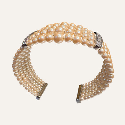Vintage Monet Multi-Strand Faux Pearl Cuff Bracelet with Rhinestone Bars