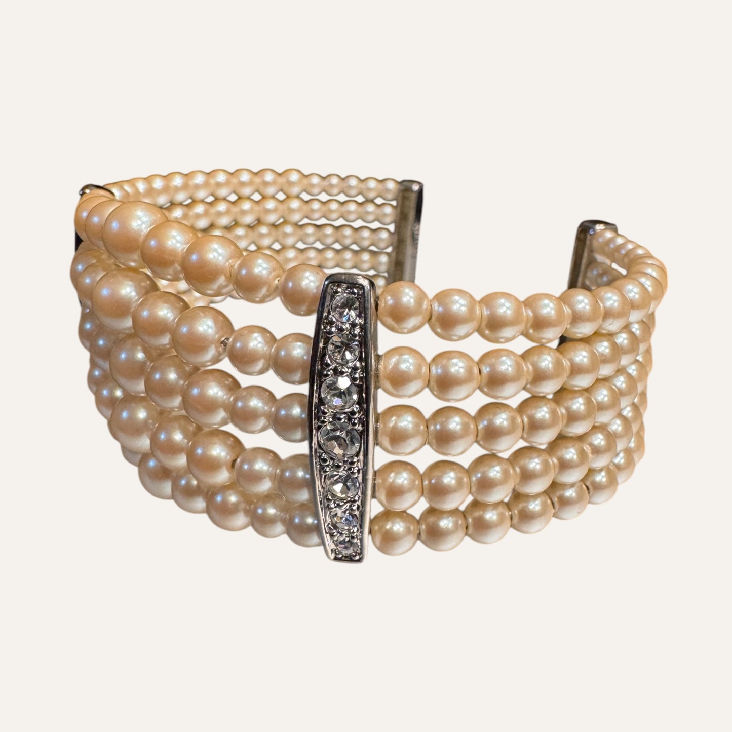 Vintage Monet Multi-Strand Faux Pearl Cuff Bracelet with Rhinestone Bars