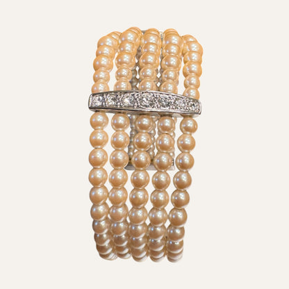 Vintage Monet Multi-Strand Faux Pearl Cuff Bracelet with Rhinestone Bars