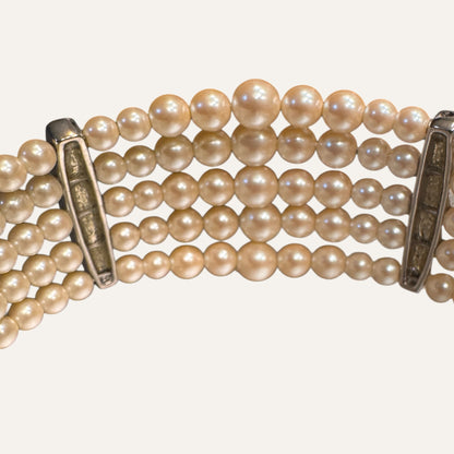 Vintage Monet Multi-Strand Faux Pearl Cuff Bracelet with Rhinestone Bars