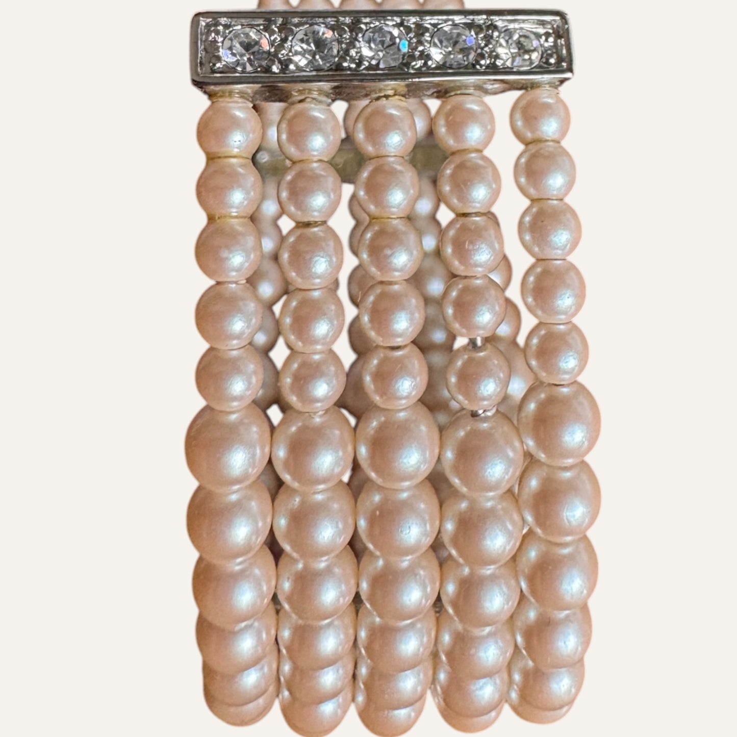 Vintage Monet Multi-Strand Faux Pearl Cuff Bracelet with Rhinestone Bars