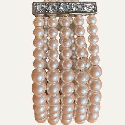 Vintage Monet Multi-Strand Faux Pearl Cuff Bracelet with Rhinestone Bars
