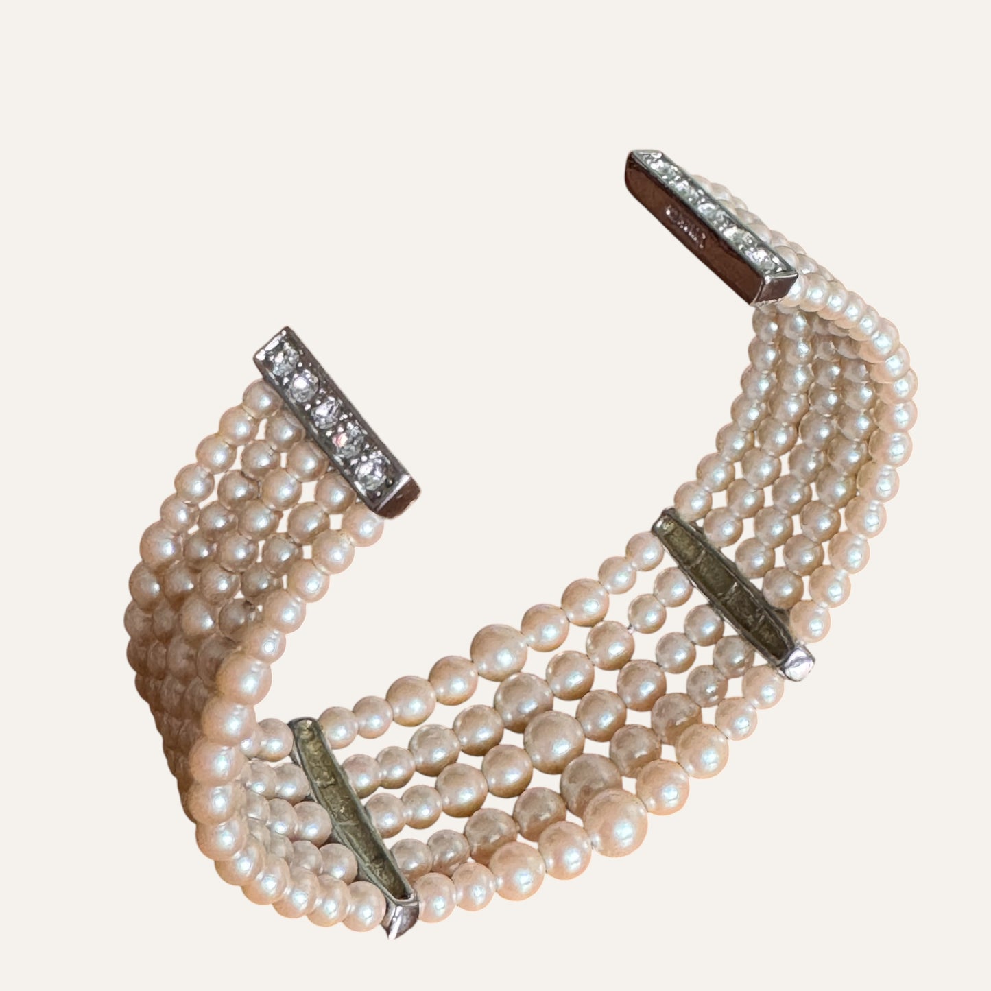 Vintage Monet Multi-Strand Faux Pearl Cuff Bracelet with Rhinestone Bars