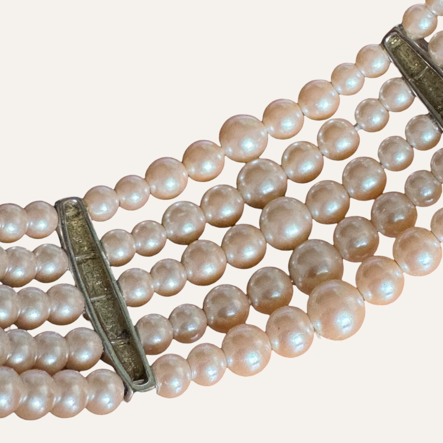Vintage Monet Multi-Strand Faux Pearl Cuff Bracelet with Rhinestone Bars