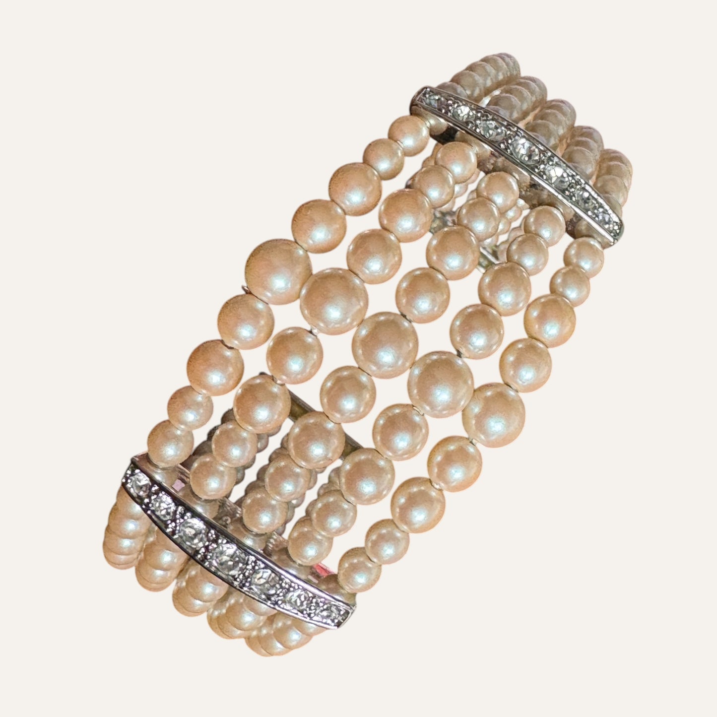 Vintage Monet Multi-Strand Faux Pearl Cuff Bracelet with Rhinestone Bars