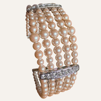 Vintage Monet Multi-Strand Faux Pearl Cuff Bracelet with Rhinestone Bars