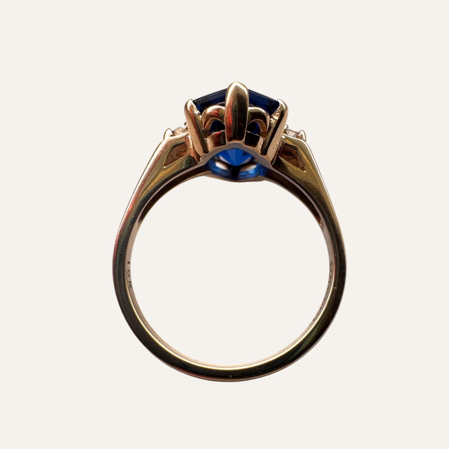 Vintage 10K Gold Freeform Shield-Cut Blue Spinel Ring with Quartz Accents