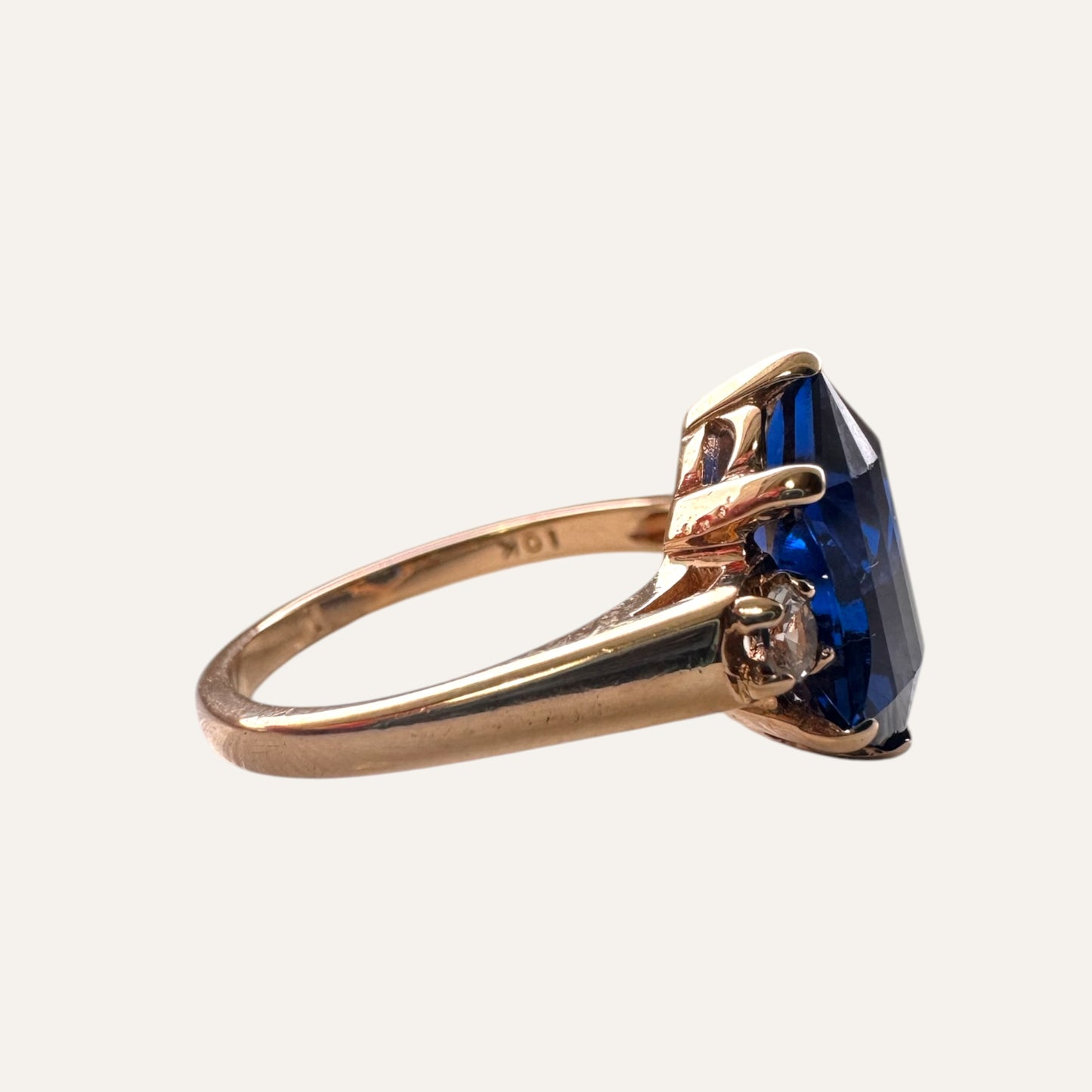 Vintage 10K Gold Freeform Shield-Cut Blue Spinel Ring with Quartz Accents