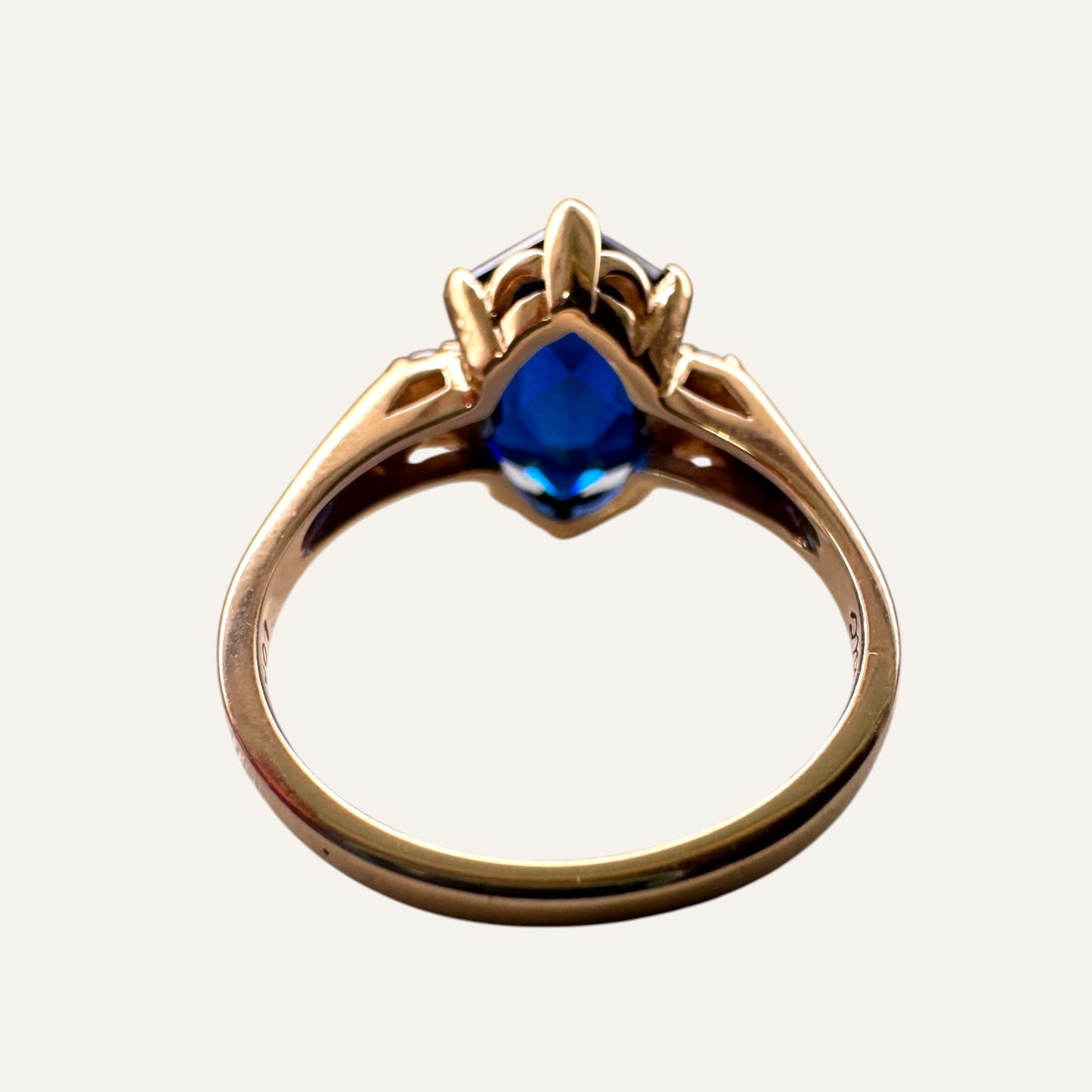Vintage 10K Gold Freeform Shield-Cut Blue Spinel Ring with Quartz Accents