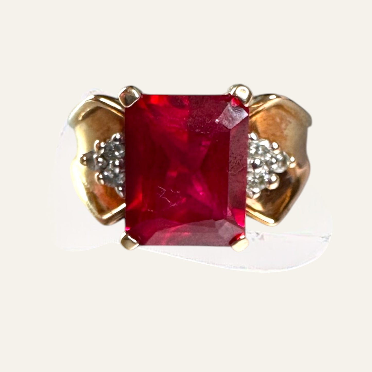 Vintage 10K Gold Emerald-Cut Ruby Ring with Diamond Accents