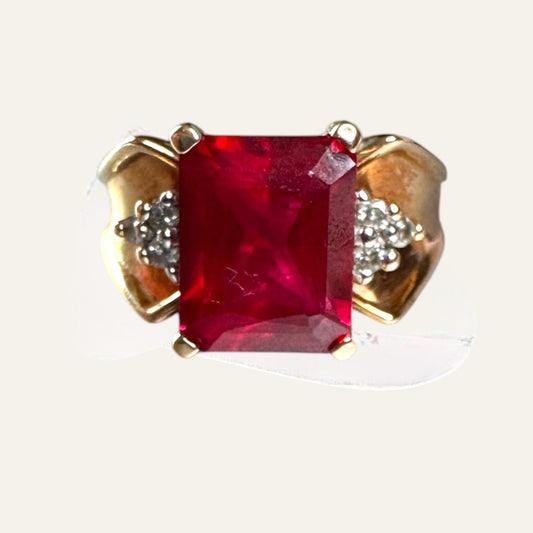 Vintage 10K Gold Emerald-Cut Ruby Ring with Diamond Accents
