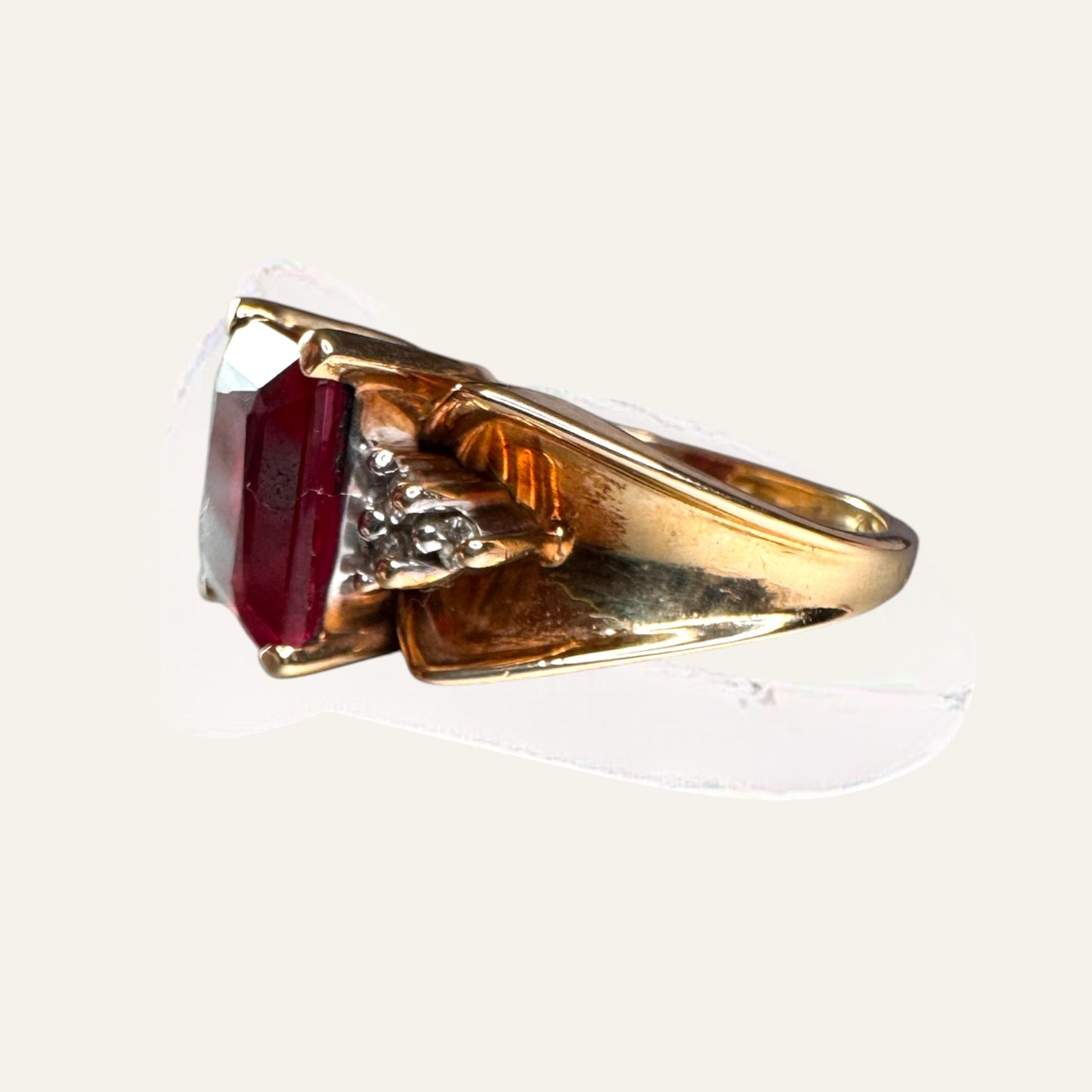 Vintage 10K Gold Emerald-Cut Ruby Ring with Diamond Accents