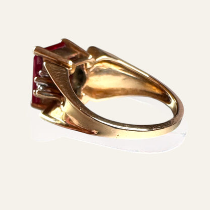 Vintage 10K Gold Emerald-Cut Ruby Ring with Diamond Accents