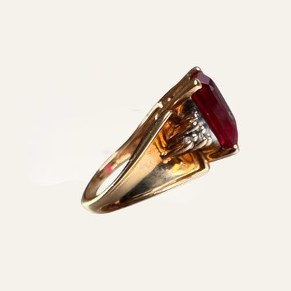 Vintage 10K Gold Emerald-Cut Ruby Ring with Diamond Accents