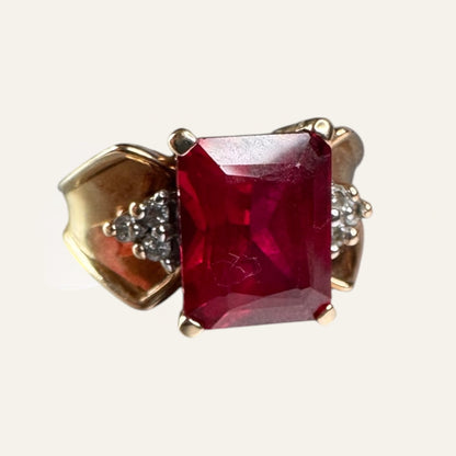 Vintage 10K Gold Emerald-Cut Ruby Ring with Diamond Accents