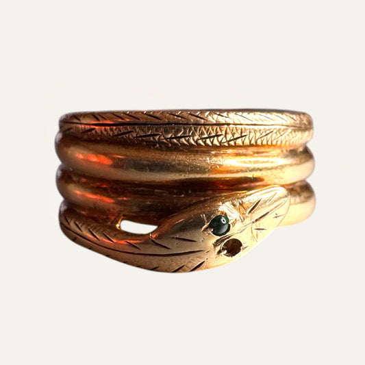 Vintage 14K Gold Serpent Wrap Ring with Emerald Eyes – Size 8