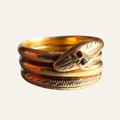 Vintage 14K Gold Serpent Wrap Ring with Emerald Eyes – Size 8