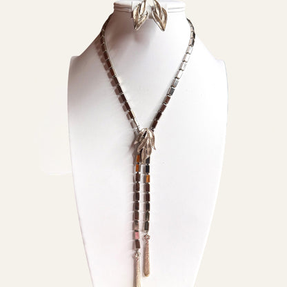 Vintage Articulated Silver-Tone Leaf Lariat Necklace & Earring Set