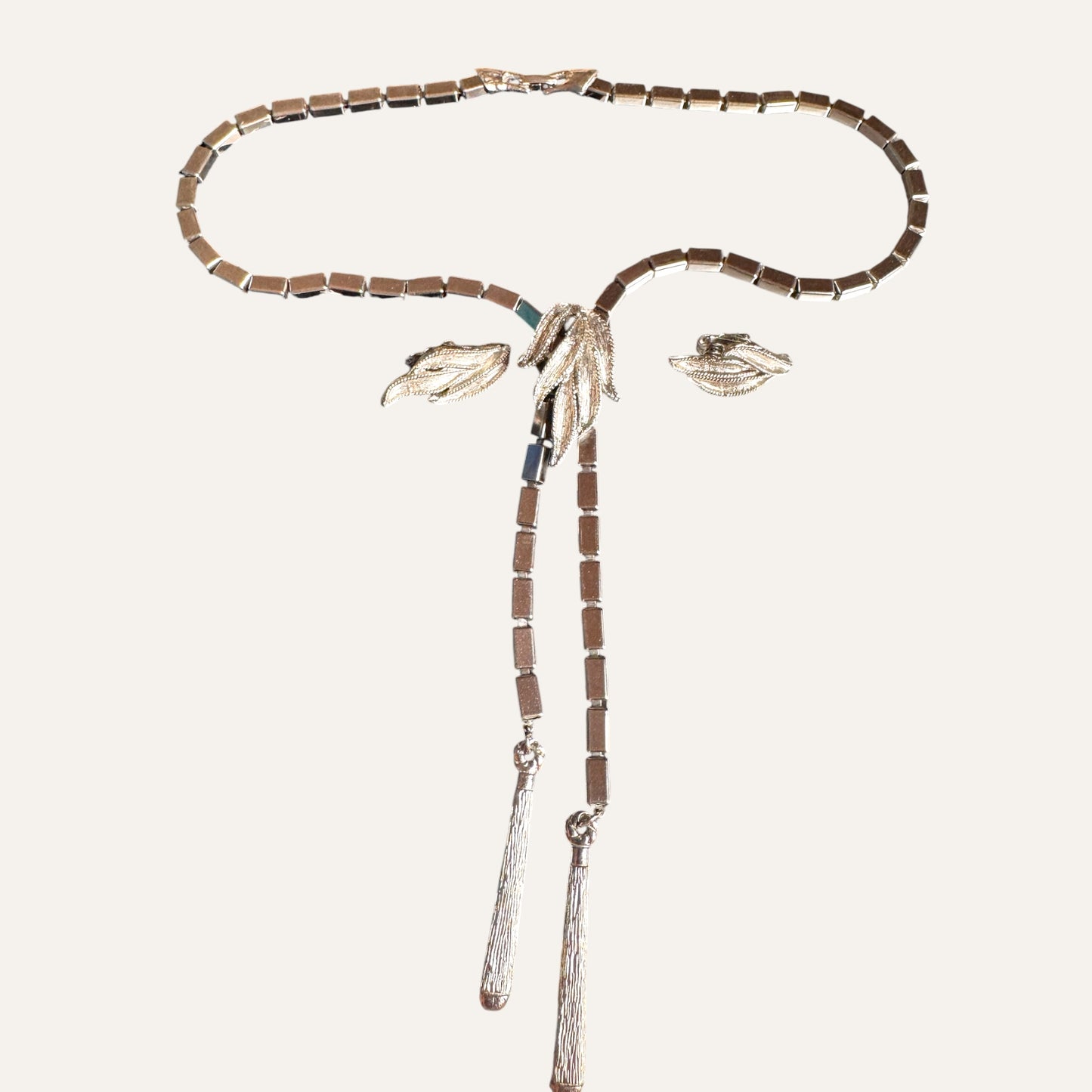 Vintage Articulated Silver-Tone Leaf Lariat Necklace & Earring Set