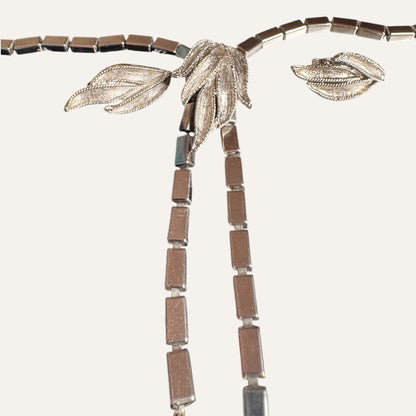 Vintage Articulated Silver-Tone Leaf Lariat Necklace & Earring Set