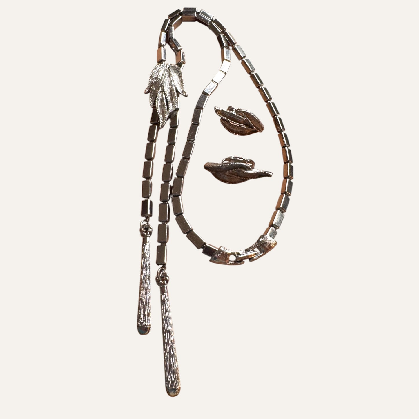 Vintage Articulated Silver-Tone Leaf Lariat Necklace & Earring Set