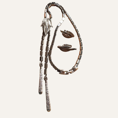 Vintage Articulated Silver-Tone Leaf Lariat Necklace & Earring Set