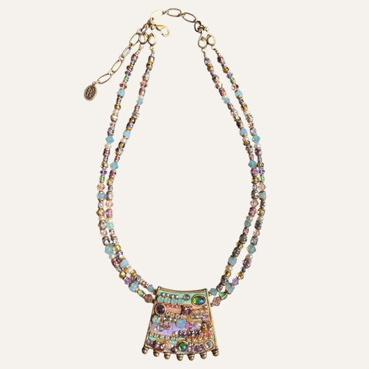 Michal Golan Artisan Mosaic Pendant Necklace – Natural Pearls, Glass, Mixed Media | Double Strand Statement