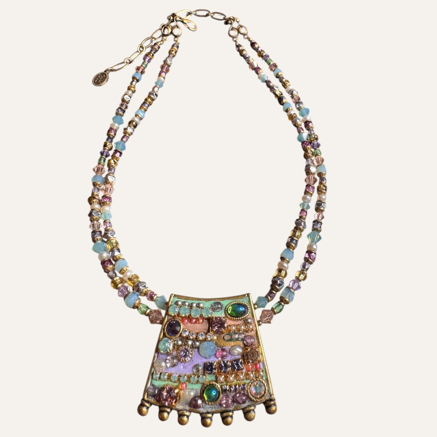Michal Golan Artisan Mosaic Pendant Necklace – Natural Pearls, Glass, Mixed Media | Double Strand Statement