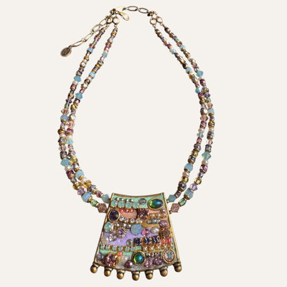 Michal Golan Artisan Mosaic Pendant Necklace – Natural Pearls, Glass, Mixed Media | Double Strand Statement