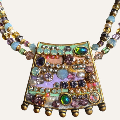 Michal Golan Artisan Mosaic Pendant Necklace – Natural Pearls, Glass, Mixed Media | Double Strand Statement